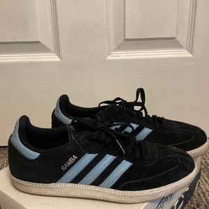 Black and light blue suede Adidas Samba’s
